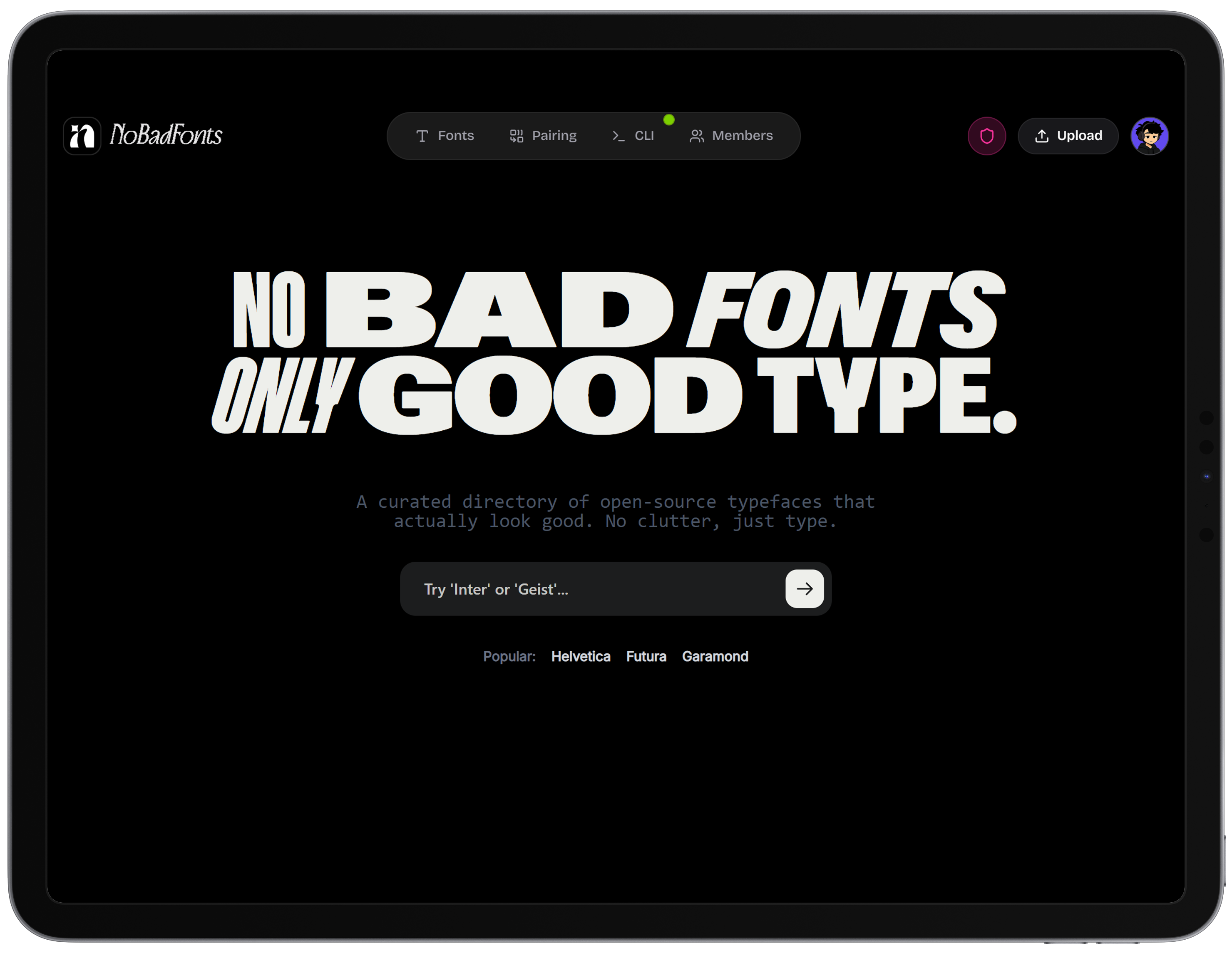 Hero section with animated typography showcase Landing Page